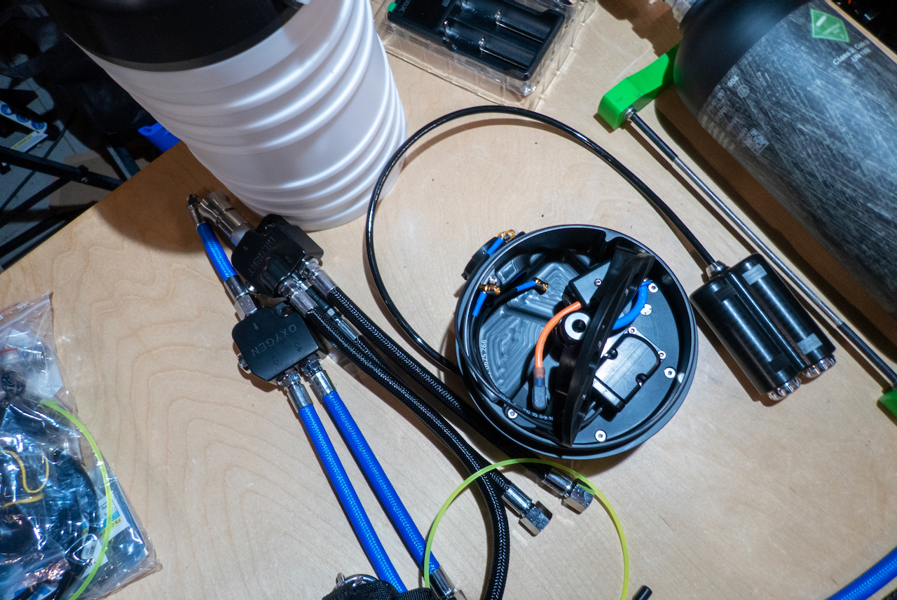 Sensor head open showing oxygen cells and electronics